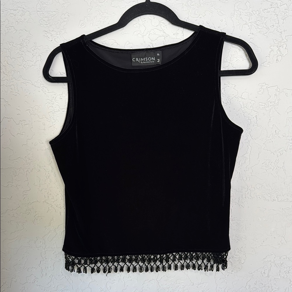 Black Sleeveless Velour Crop Tank Top with Embellished Hem